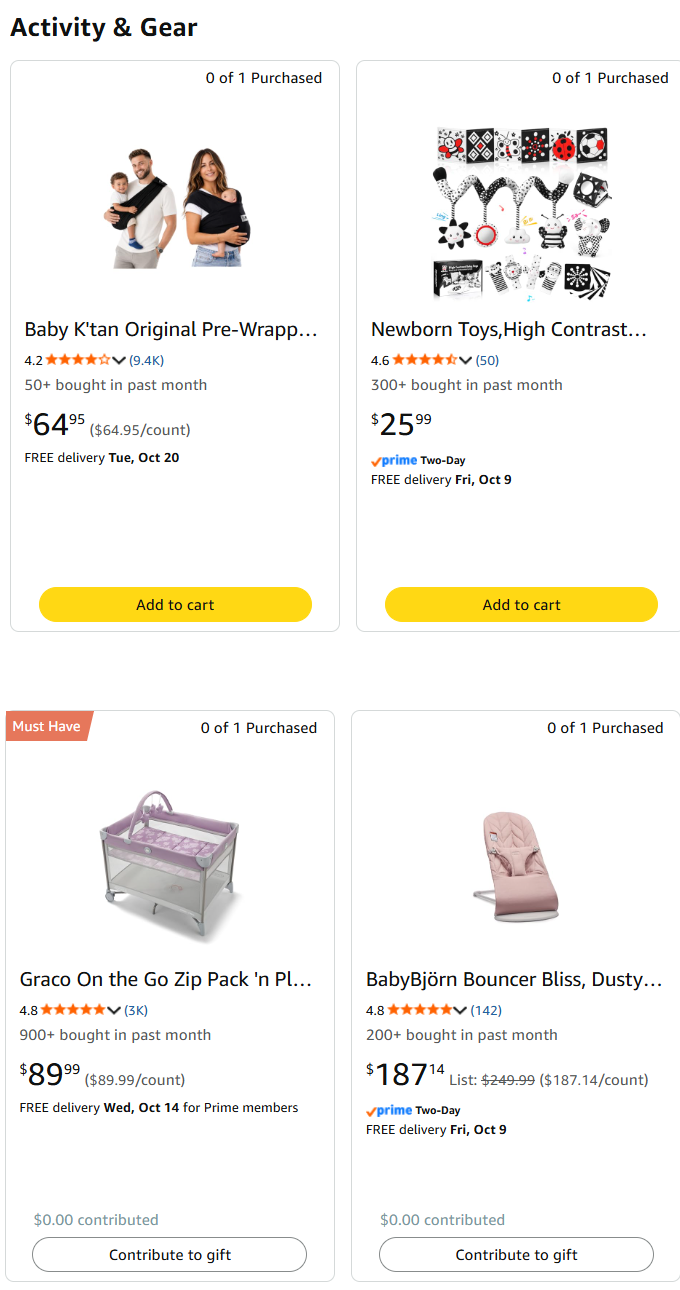 Preview of items on the baby registry