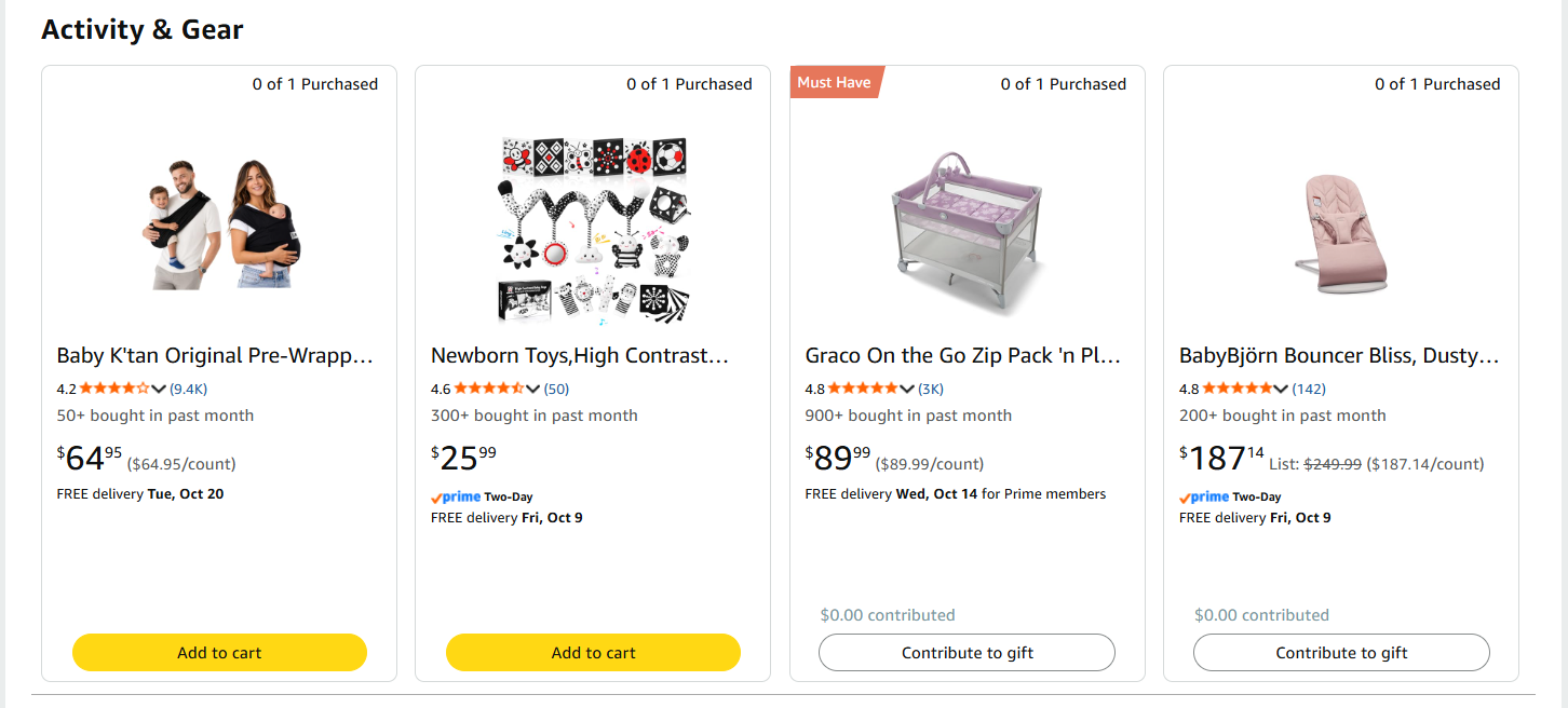 Preview of items on the baby registry: activity and gear, diapering, feeding
